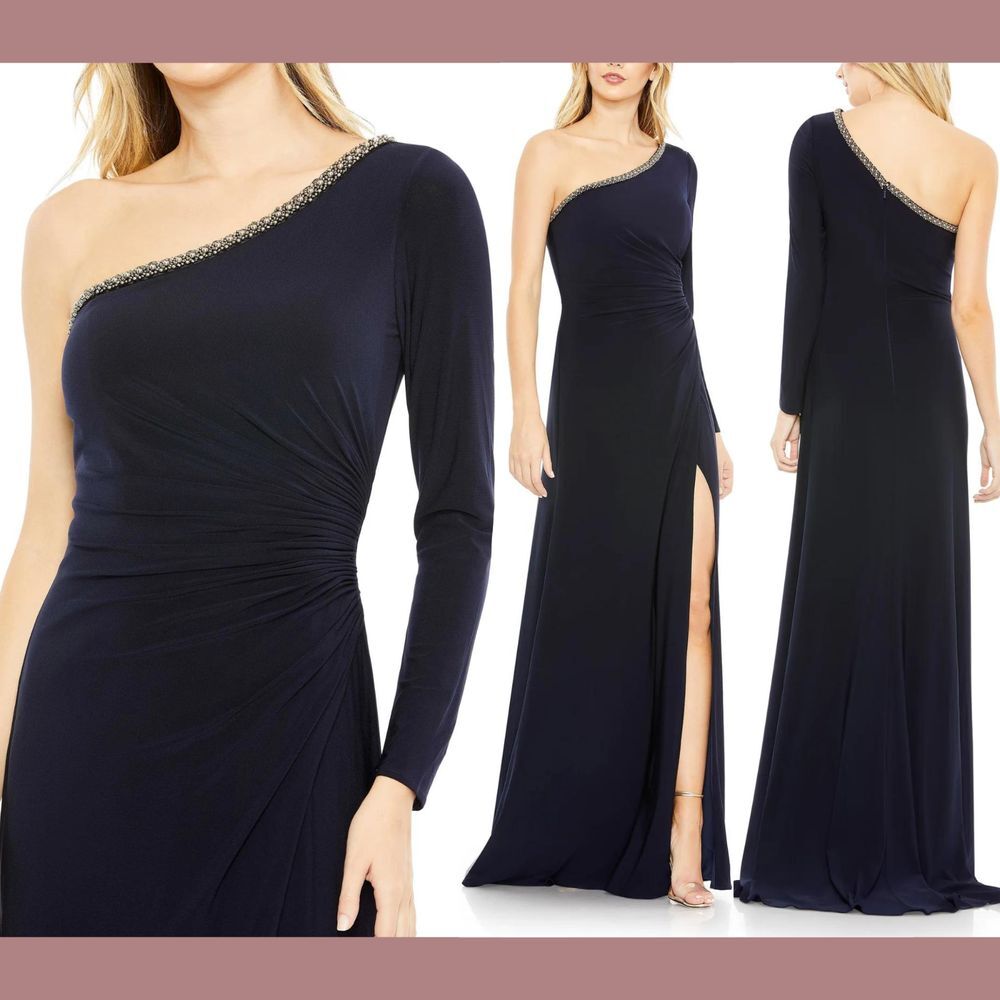 NWT $398 IEENA Mac Duggal [ 16 ] Draped One Sleeve Jersey Gown Midnit Blue G1987